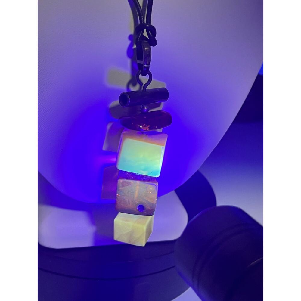 Sterling Silver Vintage Cube Modernist Triple Amber Pendant Black Chord Necklace - Picture 8 of 16